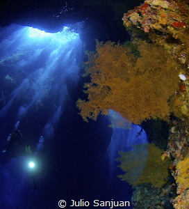 Big cave, coral, gorgonian, bubbles, light and divers....... by Julio Sanjuan 